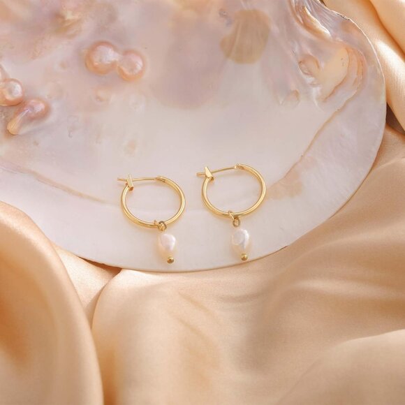 Glossy Pearl Small Pearl Drop Huggie Hoop Hypoallergenic Dainty Earring - Picture 6 of 7